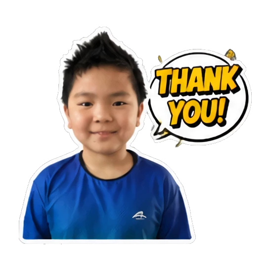 Young boy smiling warmly with 'THANK YOU!' text Energetic Boy Daily Expressions sticker for expressive chats and social replies.