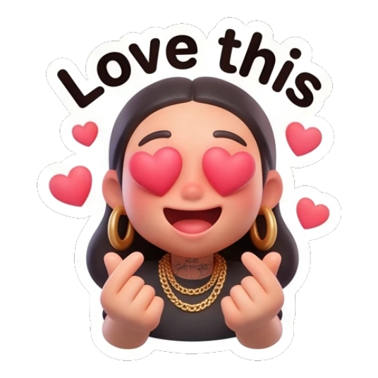 Girl with heart eyes and finger hearts, text Love this. Chic Urban Girl Vibes sticker for expressive chats and social replies.