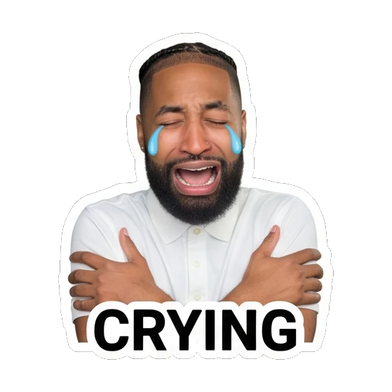 Bearded man crying while hugging himself Daily Vibes with Marcus sticker for expressive chats and social replies.