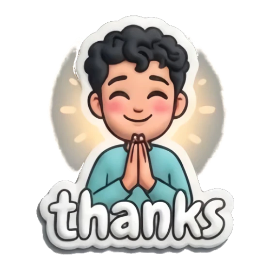 Man with hands together in gratitude and 'thanks' text. Curly Beard Guy Daily Vibes sticker for expressive chats and social replies.