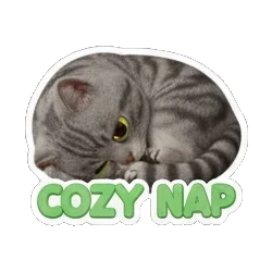 Gray tabby cat curled up sleeping with COZY NAP text Cheerful Gray Tabby Cat sticker for expressive chats and social replies.