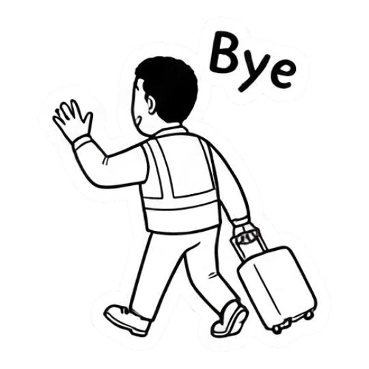 Man in safety vest walking away with suitcase waving bye Working Guy Daily Vibes sticker for expressive chats and social replies.