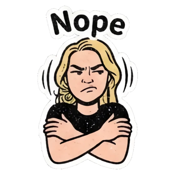 Blonde woman looking skeptical with arms crossed with text Nope Retro Blonde Daily Vibes sticker for expressive chats and social replies.