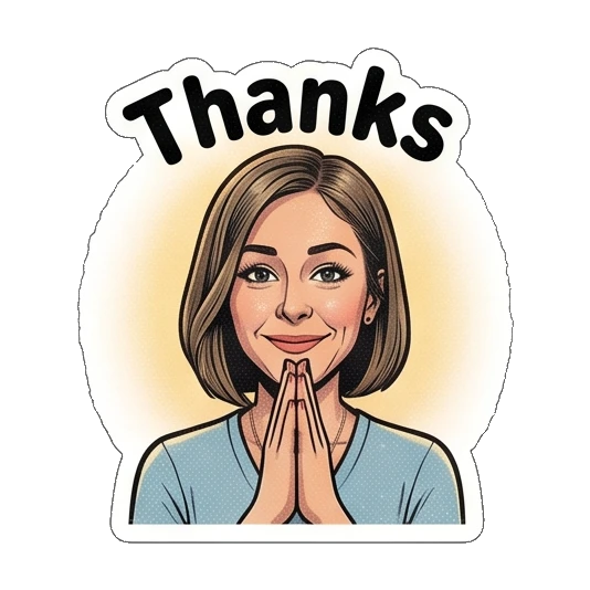 Woman with hands in prayer gesture, text Thanks Retro Comic Office Lady sticker for expressive chats and social replies.