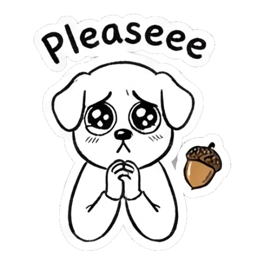 Cute boy in dog costume begging, text Pleaseee Autumn Indie Doodle Guy sticker for expressive chats and social replies.
