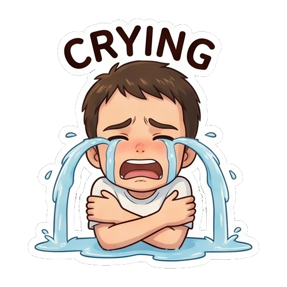 Sad boy crying uncontrollably with arms crossed. Daily Life of a Chibi Boy sticker for expressive chats and social replies.