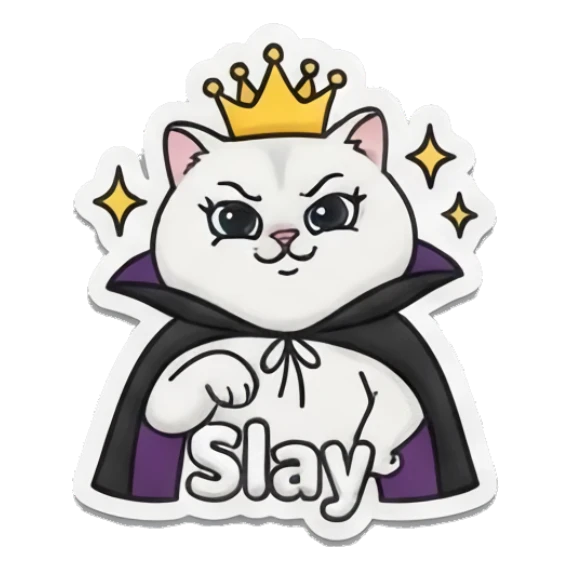 White cat queen with crown and cape, Slay Spooky Cute Cat Halloween Vibes sticker for expressive chats and social replies.