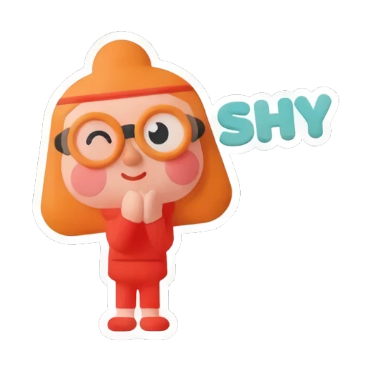Shy ginger girl blushing with hands together and text SHY Cheerful Ginger Girl Adventures sticker for expressive chats and social replies.