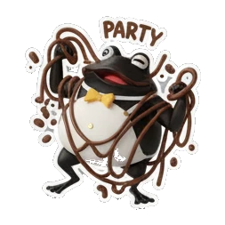 Chocolate frog tangled in chocolate ribbons with PARTY text Choco Froggy Adventures sticker for expressive chats and social replies.
