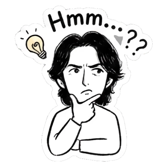 Pensive boy thinking with a lightbulb, text Hmm Autumn Indie Doodle Guy sticker for expressive chats and social replies.