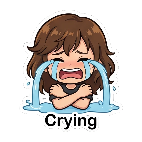 Brown-haired girl crying loudly with tears streaming down. Brown Hair Chibi Girl Daily Life sticker for expressive chats and social replies.