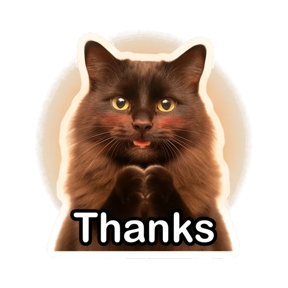 Grateful black cat with paws together and text Thanks Mystic Black Cat Moods sticker for expressive chats and social replies.