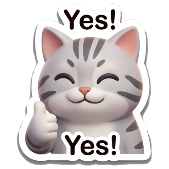 Approving gray tabby cat giving a thumbs up with text 'Yes!' Cheerful Gray Tabby Cat sticker for expressive chats and social replies.