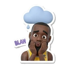 Basketball star feeling gloomy under a rain cloud, BLAH text King James Expressive Moments sticker for expressive chats and social replies.