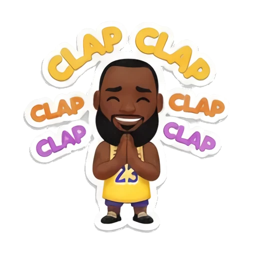 詹姆斯双手鼓掌，表情开心，周围环绕CLAP文字 King James Court Vibes sticker for expressive chats and social replies.