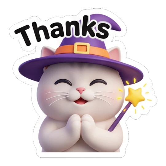 White cat wearing a witch hat holding a magic wand saying Thanks. Whimsical White Cat Adventures sticker for expressive chats and social replies.