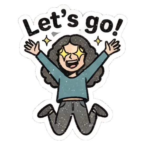Excited girl jumping with star eyes and raised arms with text Let's go! Curly Hair Retro Vibes sticker for expressive chats and social replies.