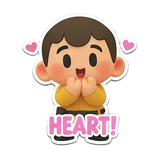 11. Boy holding hands to chest with hearts, Heart text. Cheerful Yellow Boy Adventures sticker for expressive chats and social replies.