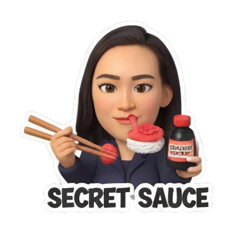 Girl holding sushi and sauce with secret sauce text Sushi Lover Girl sticker for expressive chats and social replies.
