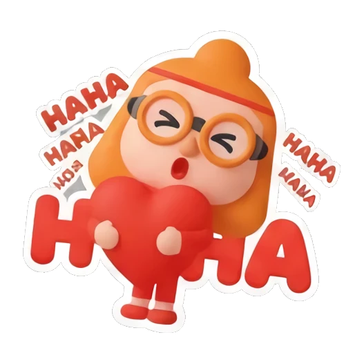 Ginger girl laughing while holding a heart shape with text HAHA Cheerful Ginger Girl Adventures sticker for expressive chats and social replies.
