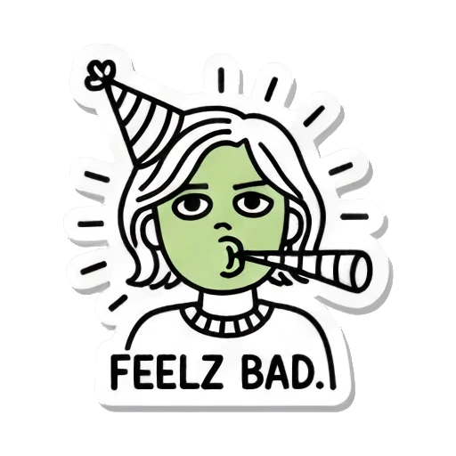 不适女孩，文字FEELZ BAD Line Art Emotion Stickers sticker for expressive chats and social replies.