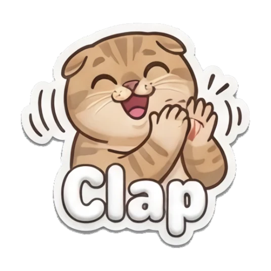 Cheerful tabby cat clapping hands with 'Clap' text Puffy Tabby Cat Moods sticker for expressive chats and social replies.
