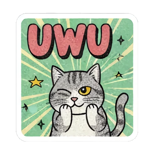 Shy cat, "UWU" Retro Cat Reactions sticker for expressive chats and social replies.