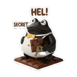Secretive chocolate frog holding a key with HEL text Choco Froggy Adventures sticker for expressive chats and social replies.