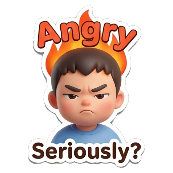 Angry boy with a flaming head and a frustrated scowl. Little Boy Daily Expressions sticker for expressive chats and social replies.