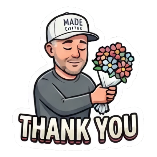 Man holding a bouquet of flowers with a sweet smile and text THANK YOU Coffee Shop Guy Daily Vibes sticker for expressive chats and social replies.