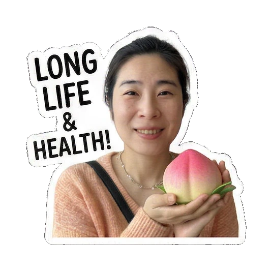 Holding a longevity peach Joyful Lunar New Year Moments sticker for expressive chats and social replies.