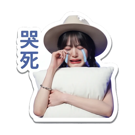 女孩抱着枕头哭泣，文字：哭死 Chic Girl Daily Vibes sticker for expressive chats and social replies.