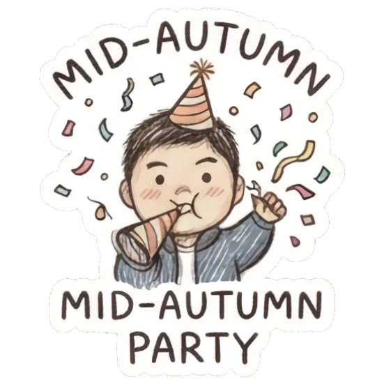 Party boy with hat and confetti with text MID-AUTUMN PARTY. Little Boy Doodle Expressions sticker for expressive chats and social replies.