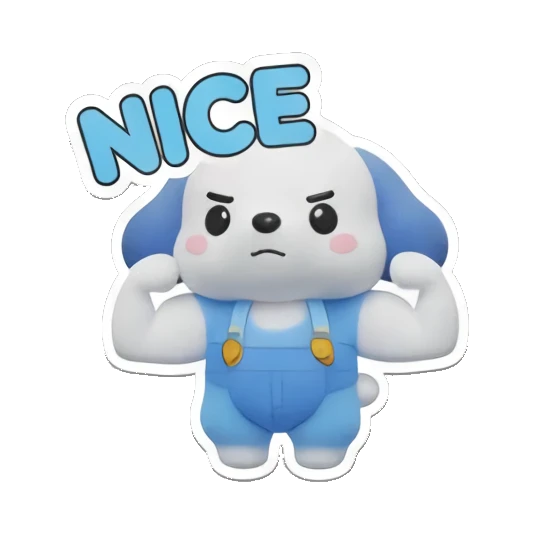 蓝色小狗展示肌肉，文字NICE，自信表情 Blue Puppy Daily Adventures sticker for expressive chats and social replies.