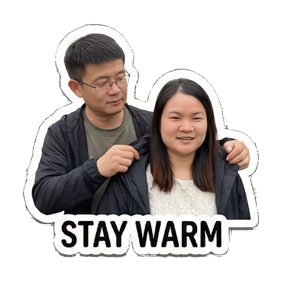 woman adjusting man jacket Sweet Couple Moments sticker for expressive chats and social replies.