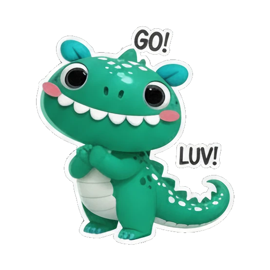 Dino looking loving with LUV text Cheerful Green Dino Adventures sticker for expressive chats and social replies.