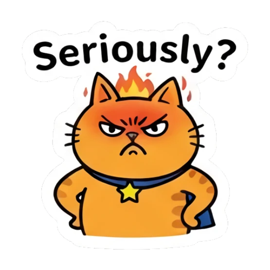Angry orange cat with a flame over its head. Heroic Orange Cat Adventures sticker for expressive chats and social replies.