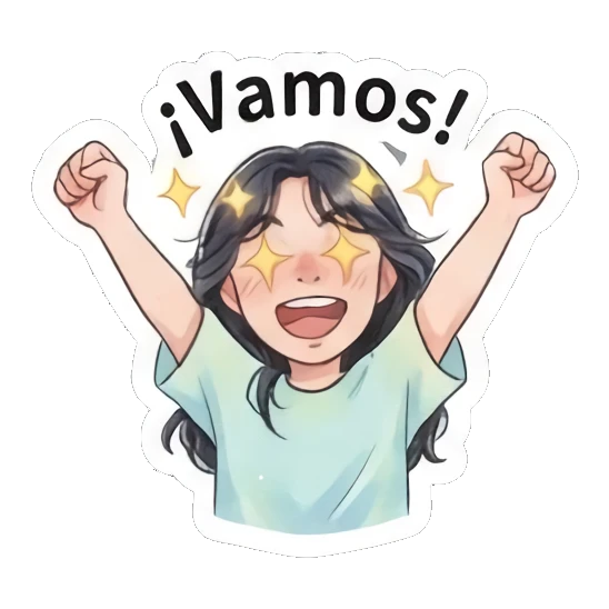 Girl cheering with arms raised, text 'Vamos' Modern Spanish Girl Expressions sticker for expressive chats and social replies.