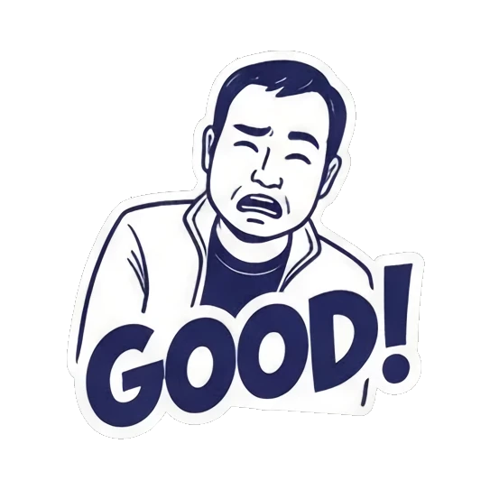 Man looking satisfied with GOOD text Cool Guy Daily Life sticker for expressive chats and social replies.