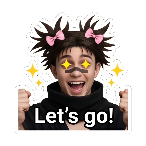 Energetic young man cheering with sparkles and text Let's go! Spiky Hair Boy Reactions sticker for expressive chats and social replies.
