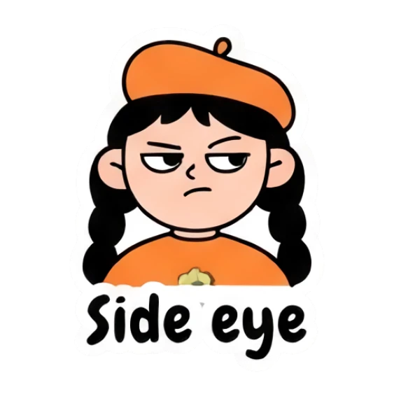 Girl giving side eye with skeptical look, Side eye text Beret Girl Daily Vibes sticker for expressive chats and social replies.