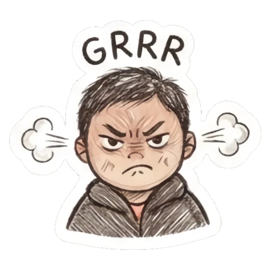 Angry boy with steam vents and text GRRR. Little Boy Doodle Expressions sticker for expressive chats and social replies.