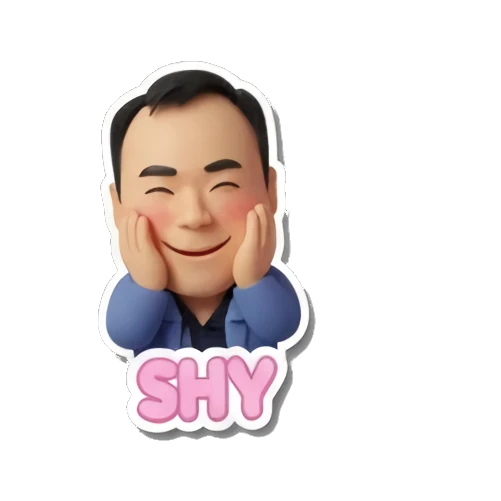 职场男士双手托腮害羞微笑，旁边有巧克力心，文字SHY Office Guy Daily Vibes sticker for expressive chats and social replies.