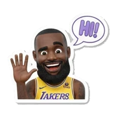 Basketball star waving hello, HI text King James Expressive Moments sticker for expressive chats and social replies.