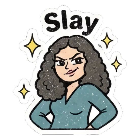 Confident girl with a sassy smirk with text Slay Curly Hair Retro Vibes sticker for expressive chats and social replies.