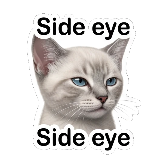 Suspicious white cat giving side eye with text Side eye Little White Cat Daily sticker for expressive chats and social replies.