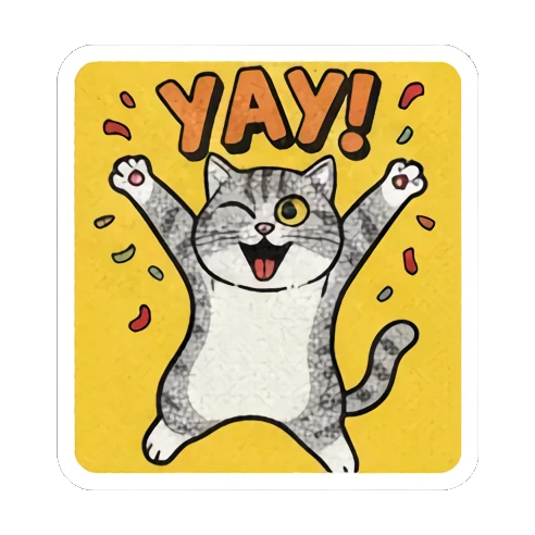 Cheering cat, "YAY!" Retro Cat Reactions sticker for expressive chats and social replies.