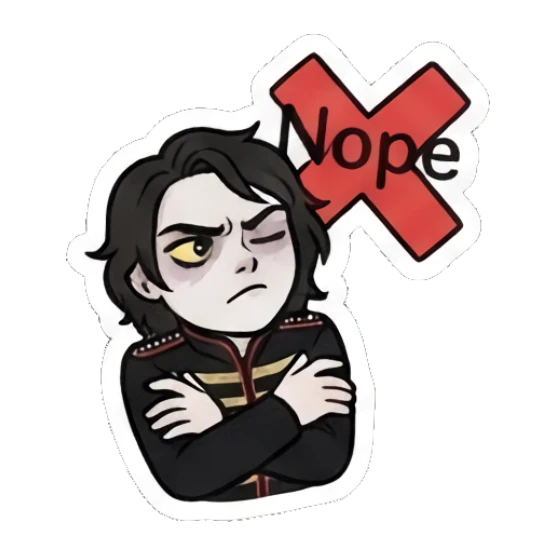 Rocker boy looking annoyed with arms crossed, 'Nope' text. Emo Rocker Daily Vibes sticker for expressive chats and social replies.