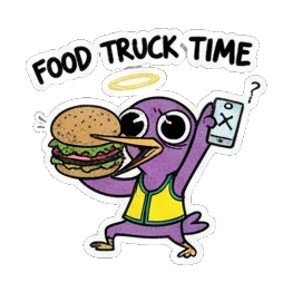 Purple bird holding burger and phone, text FOOD TRUCK TIME Purple Bird Music Festival sticker for expressive chats and social replies.