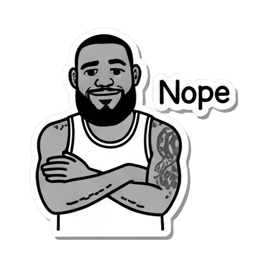 Basketball player with arms crossed, looking firm, text Nope. King James Pop Art Vibes sticker for expressive chats and social replies.